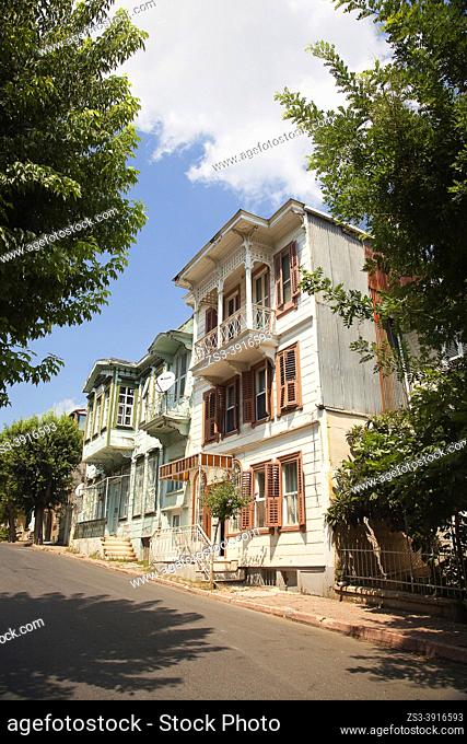 View to the traditional wooden houses with balcony in Heybeliada-Halki, Prince Islands, Istanbul, Marmara Region, Turkey, Europe