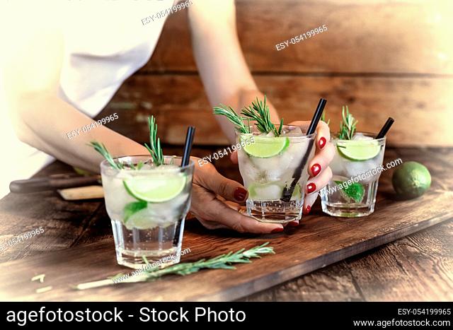 A woman prepares a home mojito and offers guests at home. Home party. close up
