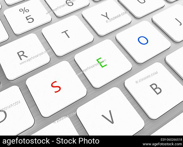 3D illustration of keyboard with red green and blue SEO buttons