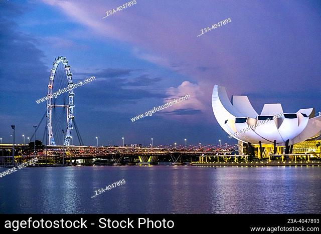 ArtScience Museum and Singapore Flyer in the evening in Singapore, Asia