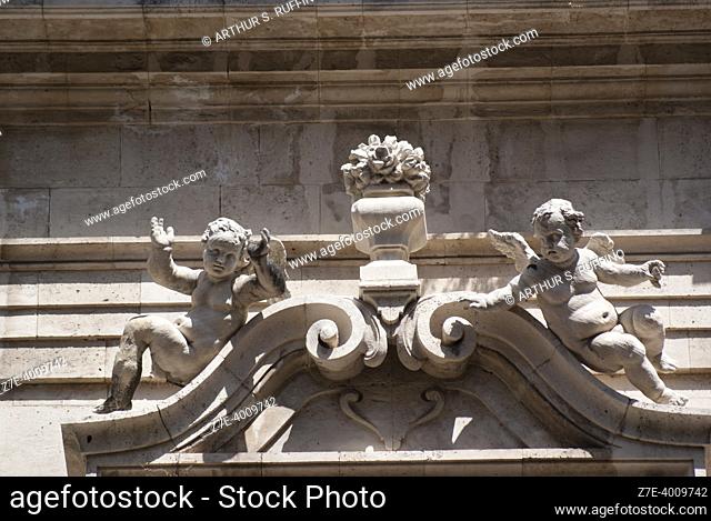Sculptural group on façade of Church of St. Julian (Chiesa di San Giuliano), Via dei Crociferi. Metropolitan City of Catania, Sicily, Italy