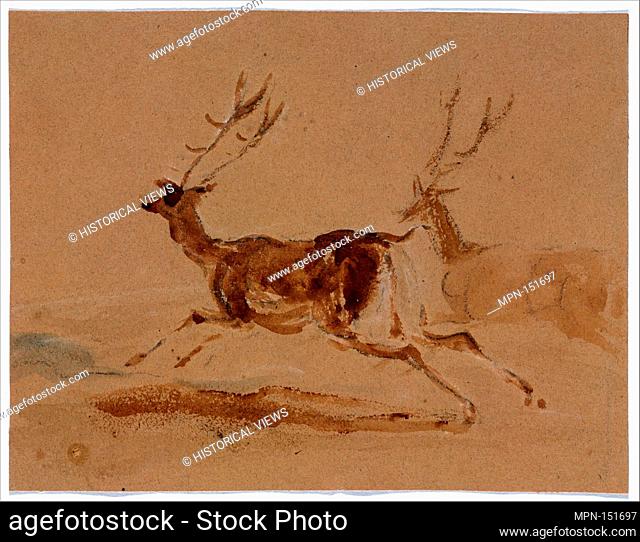 Two Stags Running. Artist: Sir Edwin Henry Landseer (British, London 1802-1873 London); Date: 1820-73; Medium: Brush and brown wash over graphite; Dimensions:...