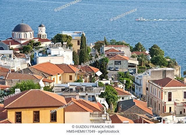 Greece, Macedonia, Kavala, the harbour, view over the old town or Panagia and the Aegean Sea from the Byzantine citadel