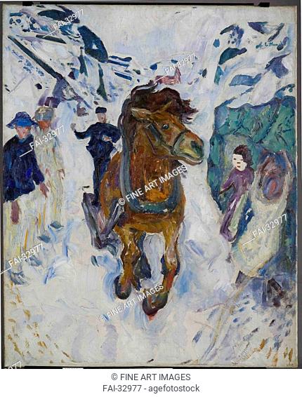 Galloping Horse by Munch, Edvard (1863-1944)/Oil on canvas/Symbolism/1910-1912/Norway/Munch Museum, Oslo/148x120/Landscape
