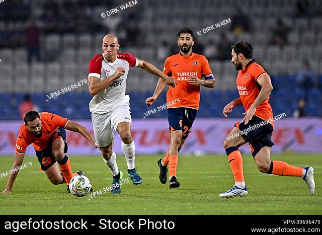 Basaksehir's Leo Duarte, Antwerp's Michael Frey, Basaksehir's Berkay Ozcan and Basaksehir's Mahmut Tekdemir pictured in action during the match between Turkish...