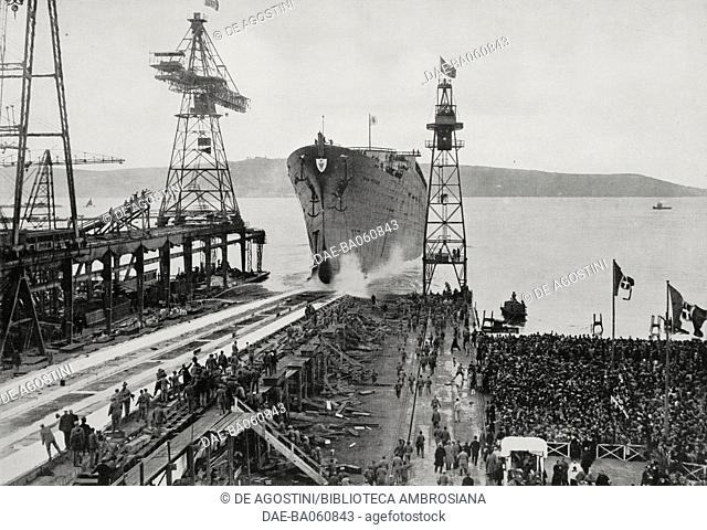 The launch of the Italian transatlantic liner Conte di Savoia, a huge crowd is present, October 28, 1931, Trieste, Italy, from L'Illustrazione Italiana