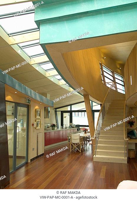 MAGGIE’S CENTRE, RAIGMORE HOSPITAL, INVERNESS, HIGHLAND, UK, PAGE & PARK, INTERIOR, INTERIOR WITH STAIRS TO FIRST FLOOR OFFICE