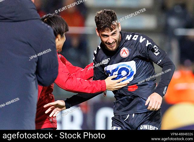 Kortrijk's Massimo Bruno celebrates after scoring during a soccer match between KV Oostende and KV Kortrijk, Sunday 06 November 2022 in Oostende