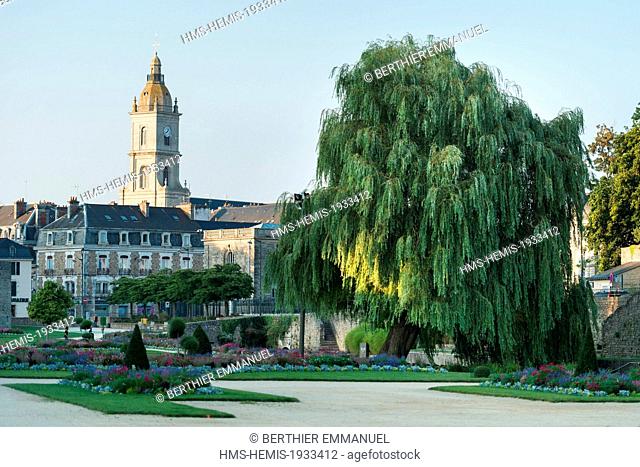 France, Morbihan, Vannes, the garden of walls and the weeping willow classified, Saint Patern church tower in the background