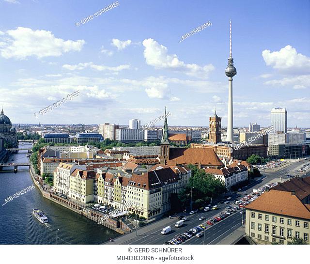 Germany, Berlin, view over the city,  Spree, television tower, red town hall,   City, capital, Berlin middle, panorama, river, street, bridge, houses, buildings