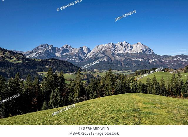 View from the Rettenberg to the Wilder Kaiser, Kaiser Mountains, Reith near Kitzbühel, Kufstein district, Tyrol, Austria