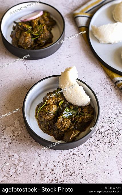 South Indian Chicken Liver Fry (curry) from Chennai with Idli