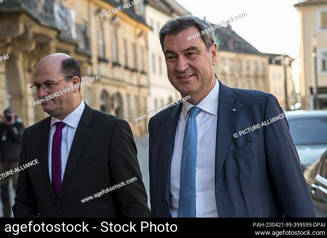 21 April 2023, Bavaria, Bayreuth: Albert Füracker (l, CSU), State Minister of Finance and Home Affairs, and Markus Söder (r, CSU), Bavarian Minister President