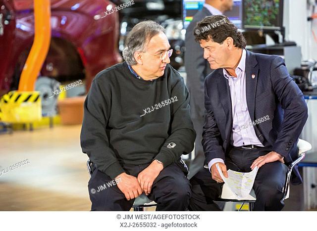 Windsor, Ontario Canada - Fiat Chrysler Automobiles CEO Sergio Marchionne (left) and Unifor President Jerry Dias at FCA's Windsor Assembly Plant