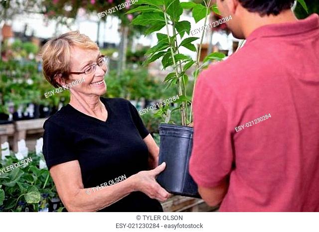 Female buying potted plant
