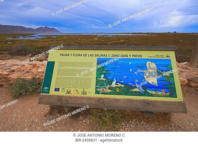 Info sign, Almadraba de Monteleva, saltworks, Cabo de Gata-Nijar Natural Park, biosphere reserve, Almeria province, Andalusia, Spain, Europe