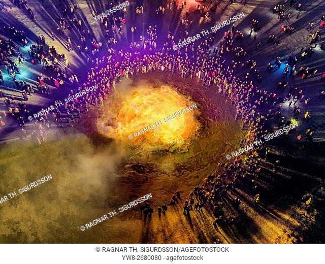 New Year's Eve Celebration. Bonfires and fireworks on New Year's is an annual event, Reykjavik, Iceland. This image is shot with a drone