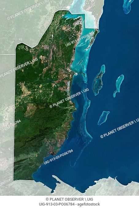 Satellite view of Belize (with country boundaries and mask). The image shows the 300-kilometer long Belize Barrier Reef along the coast