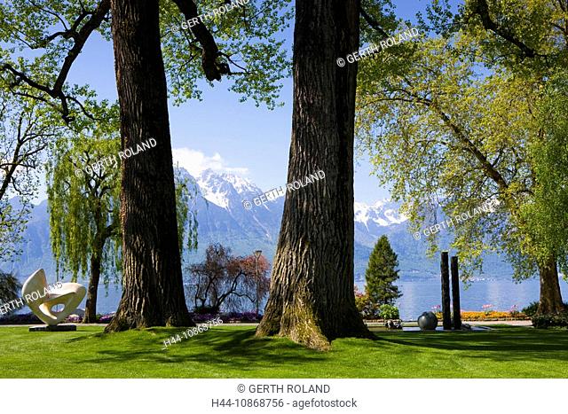 Montreux, Switzerland, canton Vaud, trees, park, sculpture, spring, lake, Genevan lake