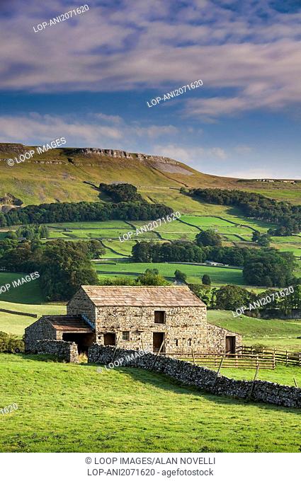 A stone barn set amidst beautiful rolling countryside backed by Abbotside Common near Hawes in the Yorkshire Dales