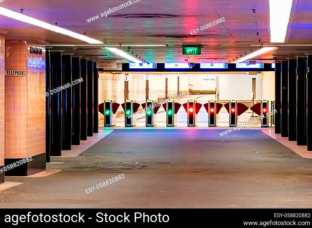 Melbourne, Australia - September 19th 2020: Degraves St subway under Flinders St in Melbourne is quiet and empty during the Coronavirus pandemic and associated...