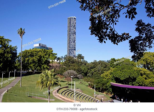 Roma Street Parkland, covers 16 hectares in centre of Brisbane, looking towards the CBD skyline, Queensland, Australia