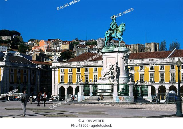 Equestrian statue in city, King Jose I Statue, Praca do Comercio, Baixa, Lisbon, Portugal