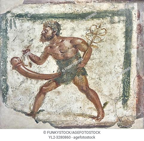 Roman Erotic Fresco from Pompeii, 1st cent AD , workshop Banner showing Mercury with a massive phalus , Secret Museum or Secret Cabinet