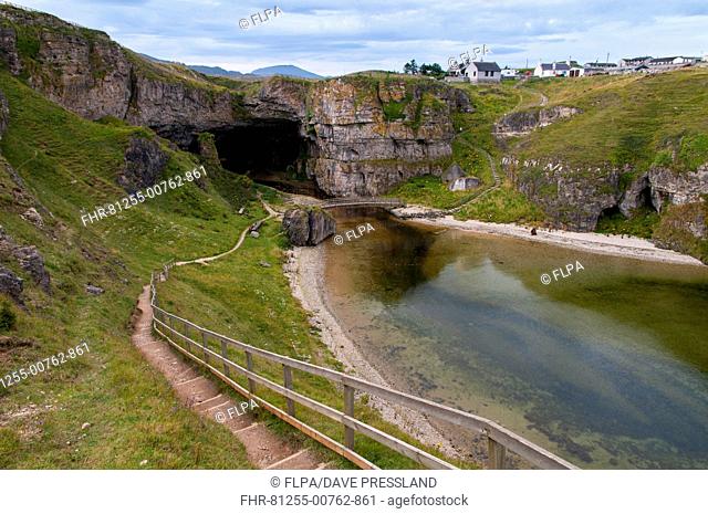 Steps leading down to entrance of cave at end of tidal gorge (Geodha Smoo), Allt Smoo, Smoo Cave, Durness, Sutherland, Highlands, Scotland, August