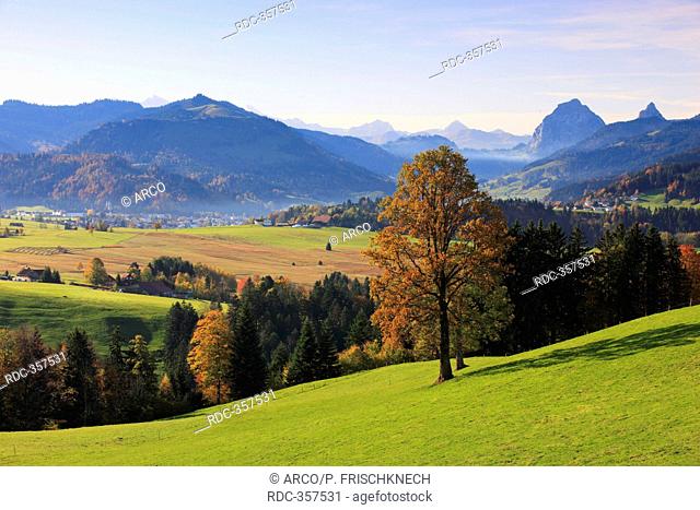 Mountains Grosser Mythen, Kleiner Mythen, view from the Etzel, Einsiedeln, Schwyz, Schweiz