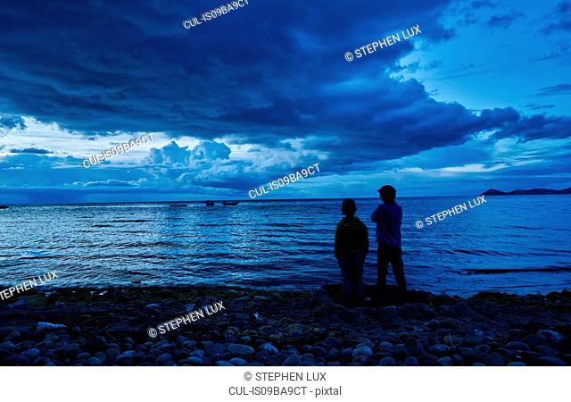 Two boys standing beside lake, looking at view, rear view, Copacabana, Oruro, Bolivia, South America