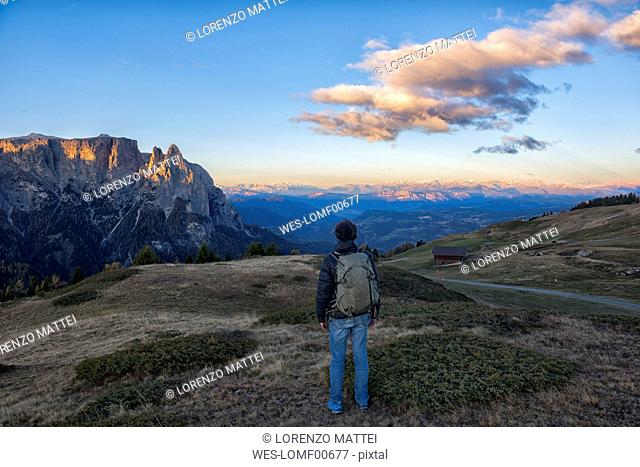 Italy, South Tyrol, Seiser Alm, Hiker in front of Schlern at sunrise