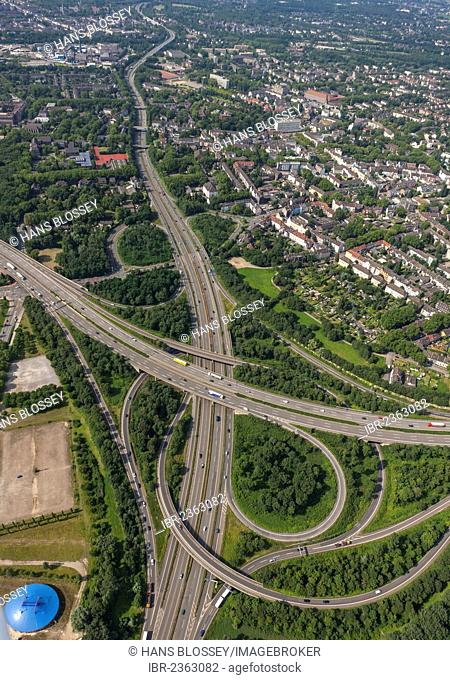 Aerial view, urban motorway A59, Duisburg Nord junction of motorways A42 and A59, Ruhr Area, North Rhine-Westphalia, Germany, Europe