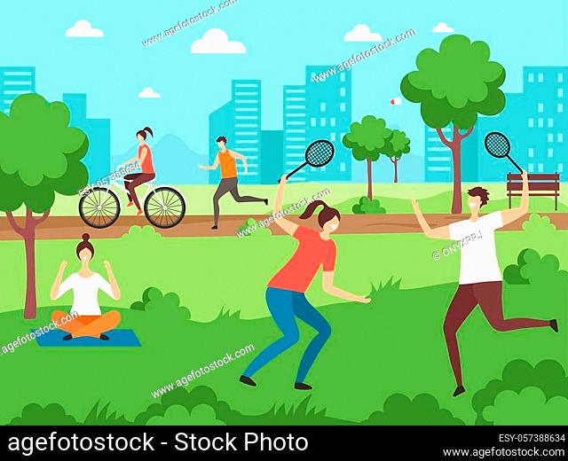 Outdoor sport activities. Fitness people making some exercises in park outdoor vector couples. Illustration of park fitness, people exercise outdoor