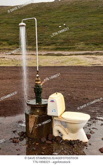 Iceland, Krafla, Outdoor toilet and hot spring shower from geothermal power near Lake Myvatn