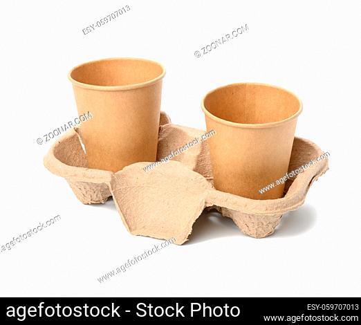 two browne paper disposable cups stand in the tray, white background, takeaway containers