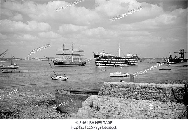 The 'Cutty Sark' and the 'Worcester', Greenhithe, Kent, c1945-c1965. The 'Cutty Sark', a late 19th-century tea clipper, and the 'Worcester' lie at anchor in the...