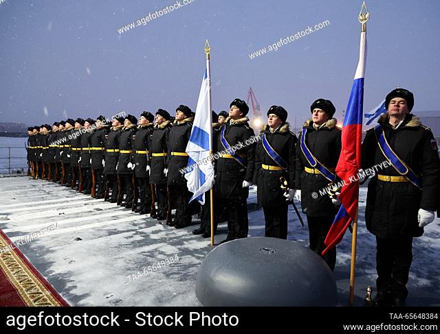 RUSSIA, ARKHANGELSK REGION - DECEMBER 11, 2023: Crew members line up aboard the Russian frigate Admiral Kasatonov at the Sevmash Shipyard