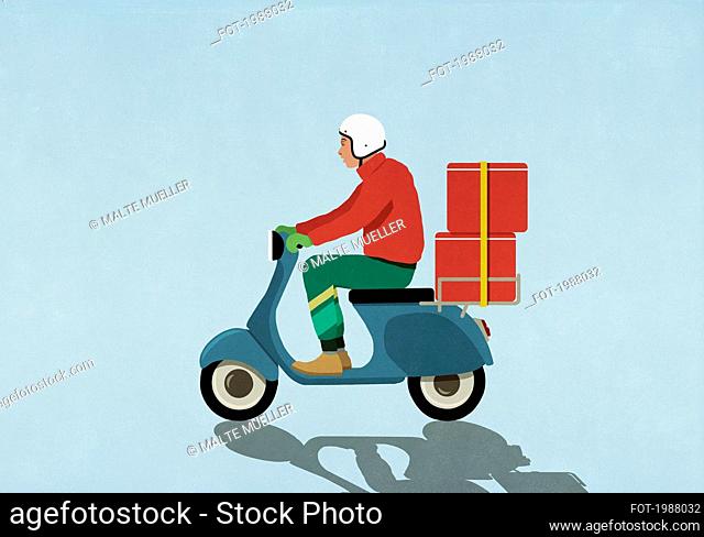 Man in helmet driving motor scooter with red boxes