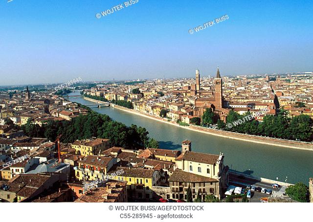 View of Verona. Tower of the Church of Santa Anastasia and Torre dei Lamberti at the background. Veneto, Italy