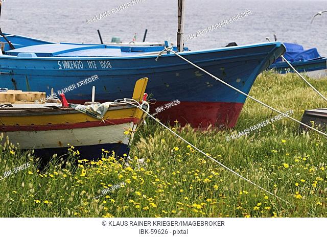 Boats of the fishermen from Stromboli, fresh painted for the summer season