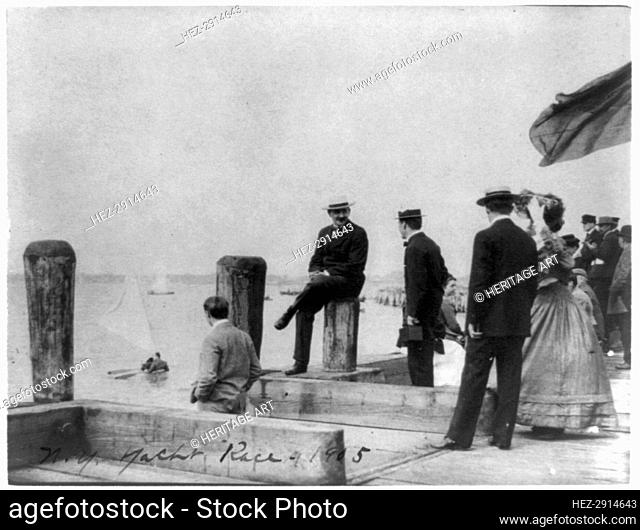 Group of well-dressed people on dock during yacht race, Oyster Bay, Long Island, N.Y., 1905. Creator: Frances Benjamin Johnston