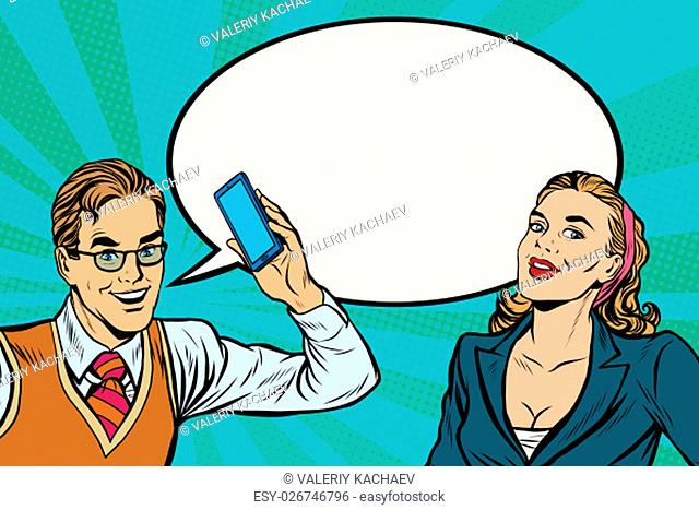 Male and female mobile phone dialogue pop art retro vector. Modern technology