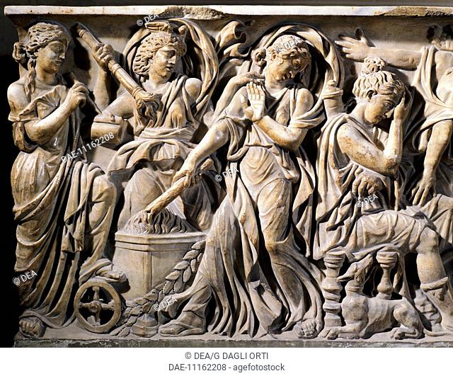 The sarcophagus of Meleager. Detail of a relief showing women and fire. Roman civilization, 2nd century AD.  Paris, Musée Du Louvre