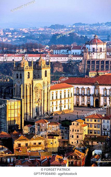THE SE DO PORTO CATHEDRAL AND BISHOP'S PALACE WITH THE DOME OF THE SERRA DO PILAR MONASTERY, PORTO, PORTUGAL