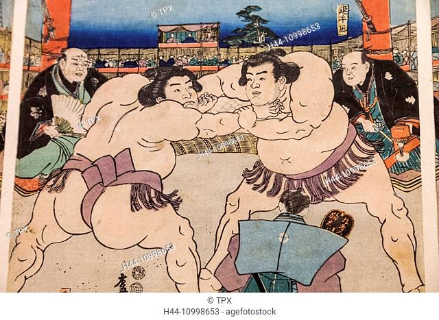 England, London, Kensington, Victoria and Albert Museum aka V&A, The Japan Room, Display of Woodblock Print titled Great Sumo Tournament Fundraiser by Utagawa...