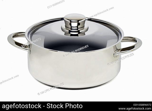 Close up view of a stainless steel cooking pan isolated on a white background