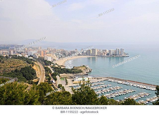 City view, port, Playa de la Concha beach, skyscrapers, Oropesa del Mar, Benicasim, Castellon, Valencia, Spain, Europe