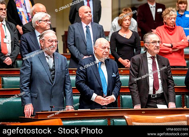 Open Vld's Herman De Croo, former Belgian prime minister Mark Eyskens and former secretary general of NATO Willy Claes are pictured during the celebration of...