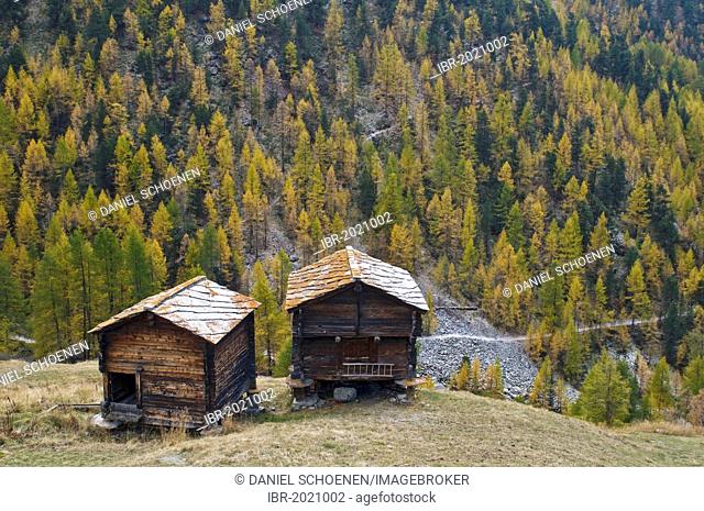 Two wooden cabins, Zermatter Tal valley, Zermatt, canton of Valais, Switzerland, Europe
